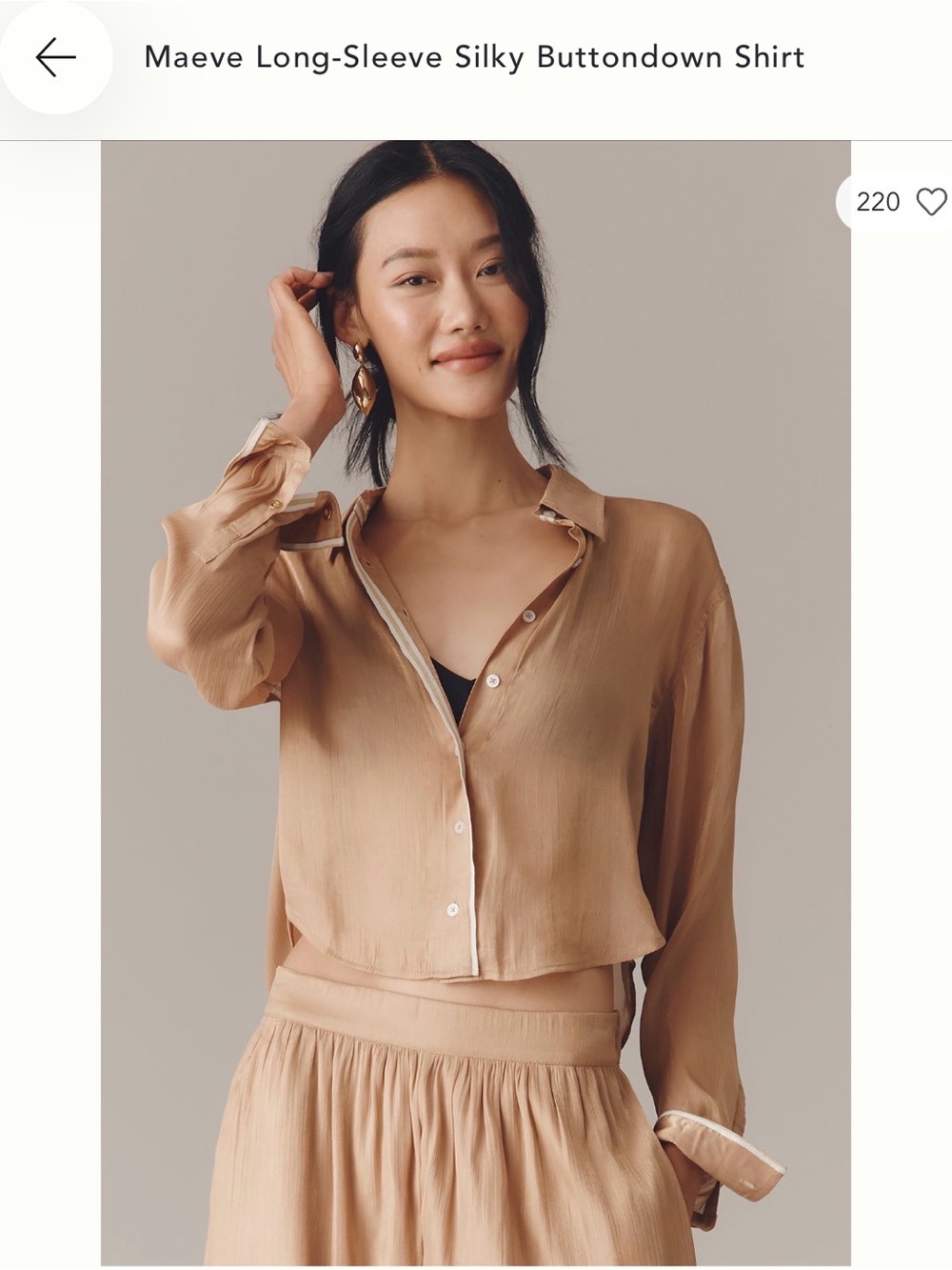 Maeve Cropped Silky Button-Down Shirt in Camel Tan